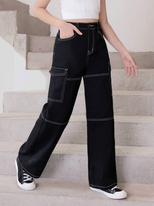 Top Stitching Black Women Cargo Pants