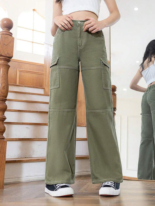 Top Stitching Olive Cargo Pants