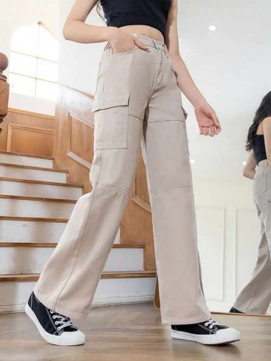 Top Stitching Beige Cargo Pants