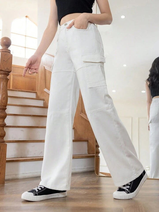 Top Stitching White Cargo Pants