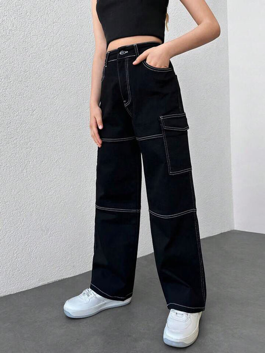 Top Stitching Black Women Cargo Pants