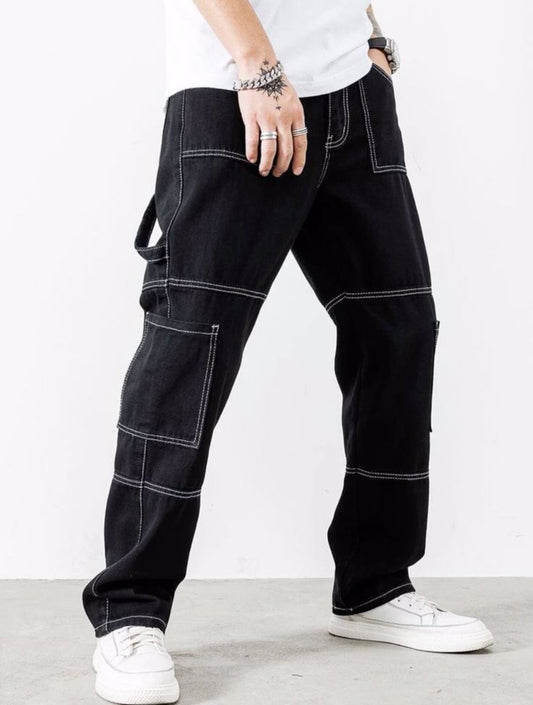 Top Stitching Black Cargo Pants