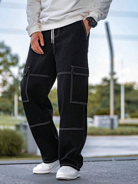 Black Top Stitching Cargo Pants