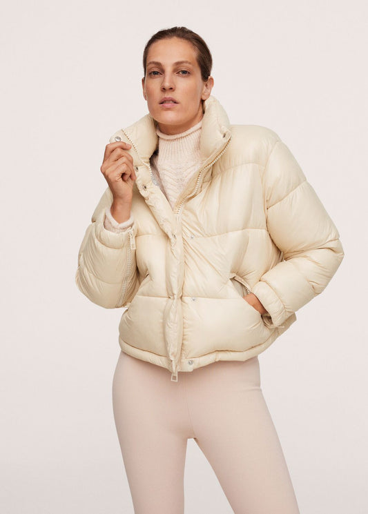 BEIGE WOMEN ZIP AND BUTTON PUFFER JACKET