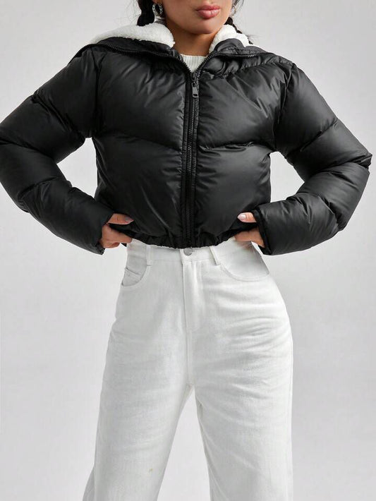 HOODED SHERPA CROP PUFFER JACKET