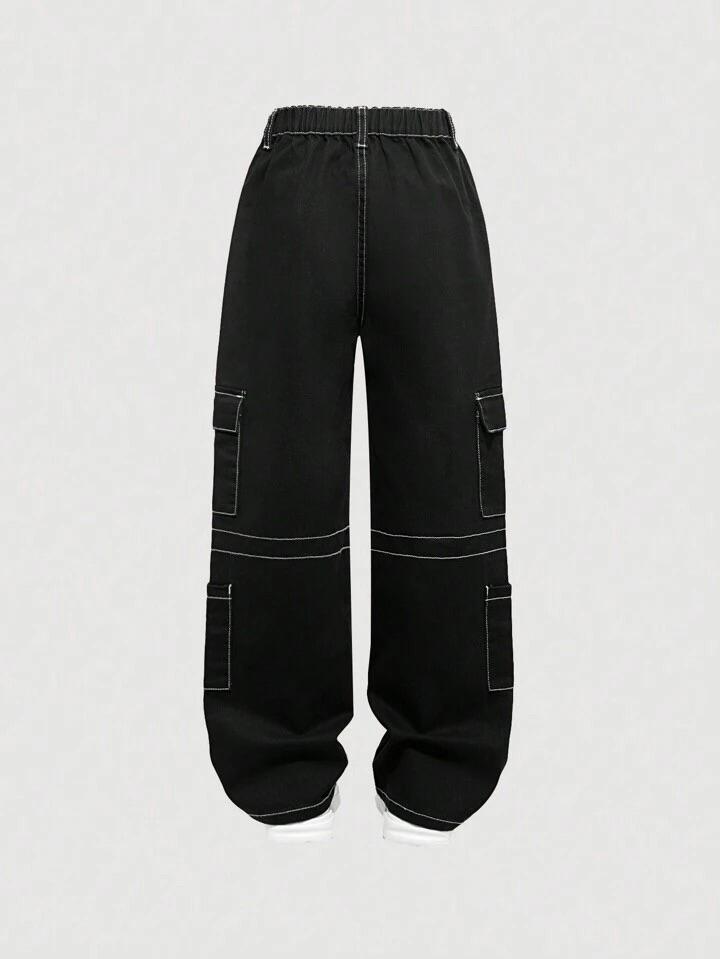 TOP STITCHING BLACK CARGO PANTS