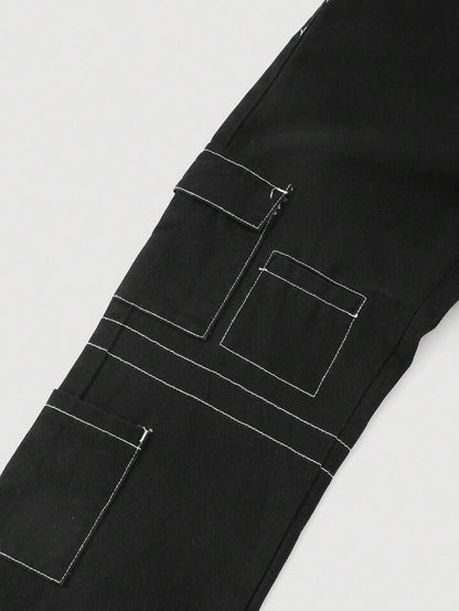 TOP STITCHING BLACK CARGO PANTS