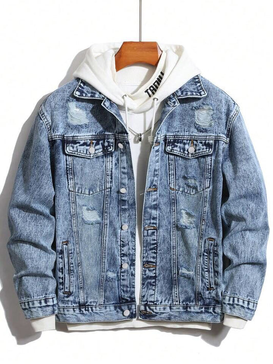 Blue Distressed Printed Denim Jacket