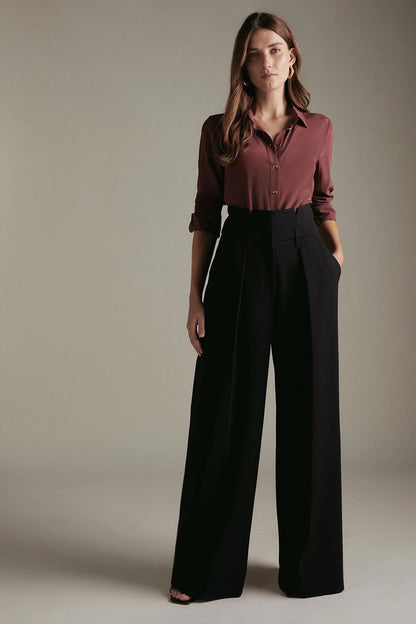 Compact Stretch High Waisted Wide Leg Trouser