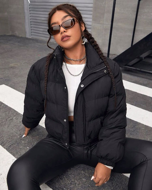 BLACK BUTTON AND ZIP CROP PUFFER JACKET