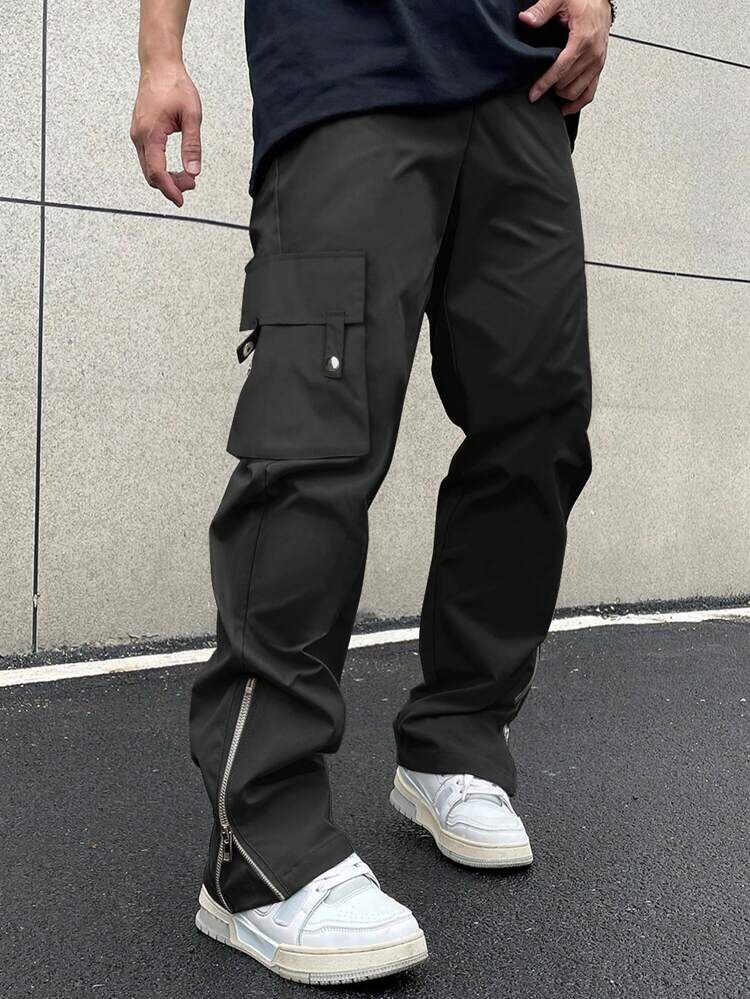 Men Flap Pocket Wide Zip Cargo Pants