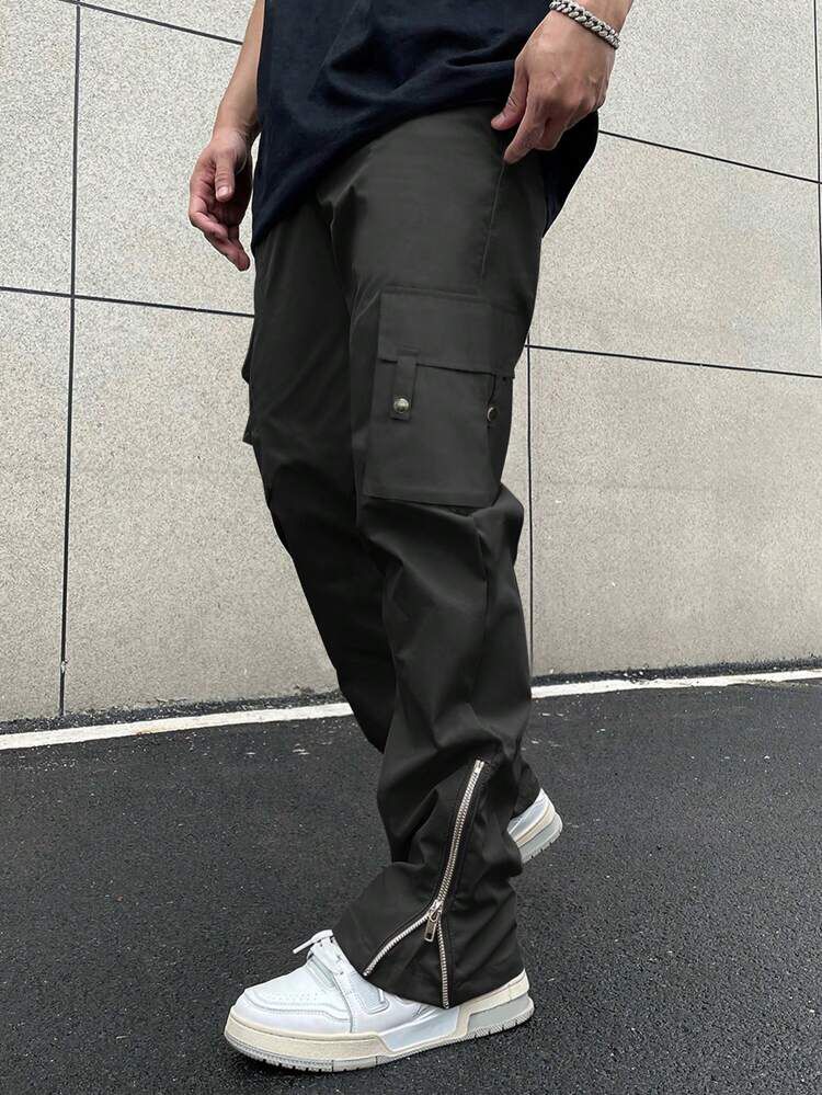 Men Flap Pocket Wide Zip Cargo Pants