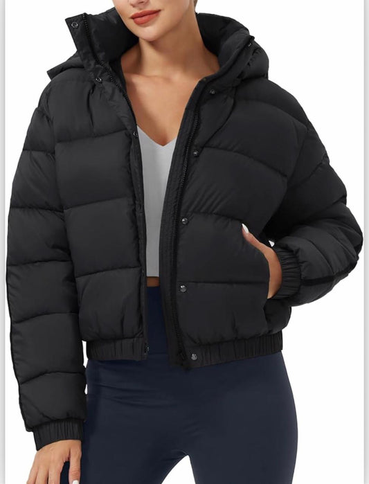 Hooded Button Zip Puffer Jacket