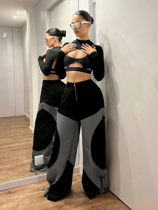 Color Block Wide Leg Cargo